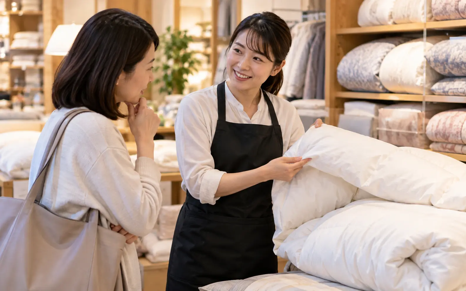 羽毛布団のニオイについて寝具店に相談するイメージ