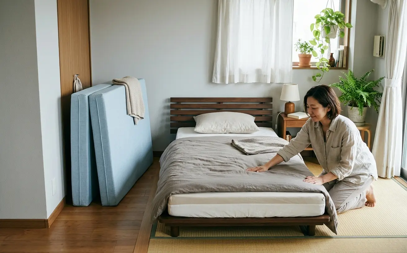 三つ折りマットレスとフラットタイプの違いのイメージ