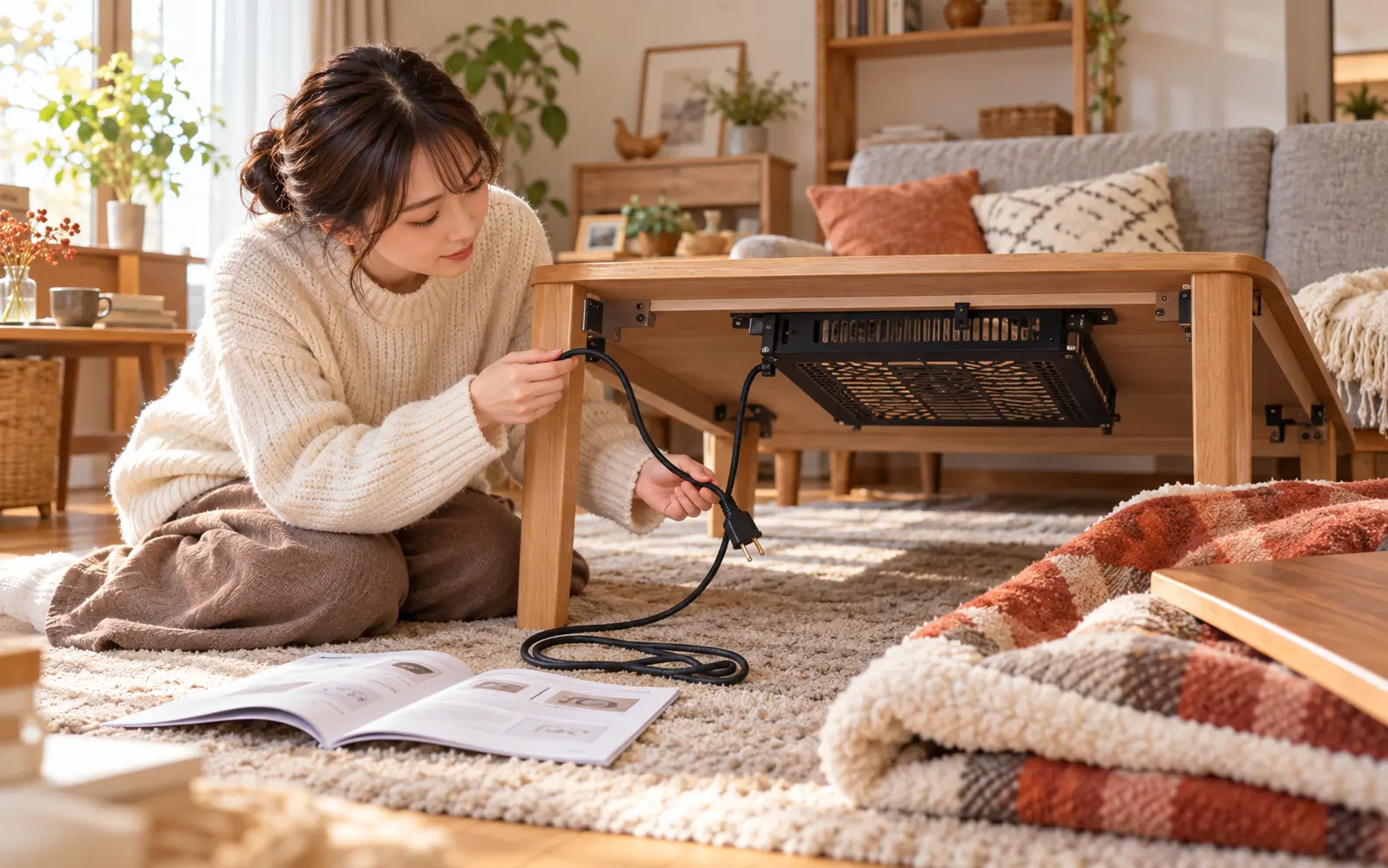 こたつ本体と電源コードを使用前に点検するイメージ